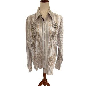 English Laundry Men’s Striped Button-Down Shirt Embroidered Detail Size Large